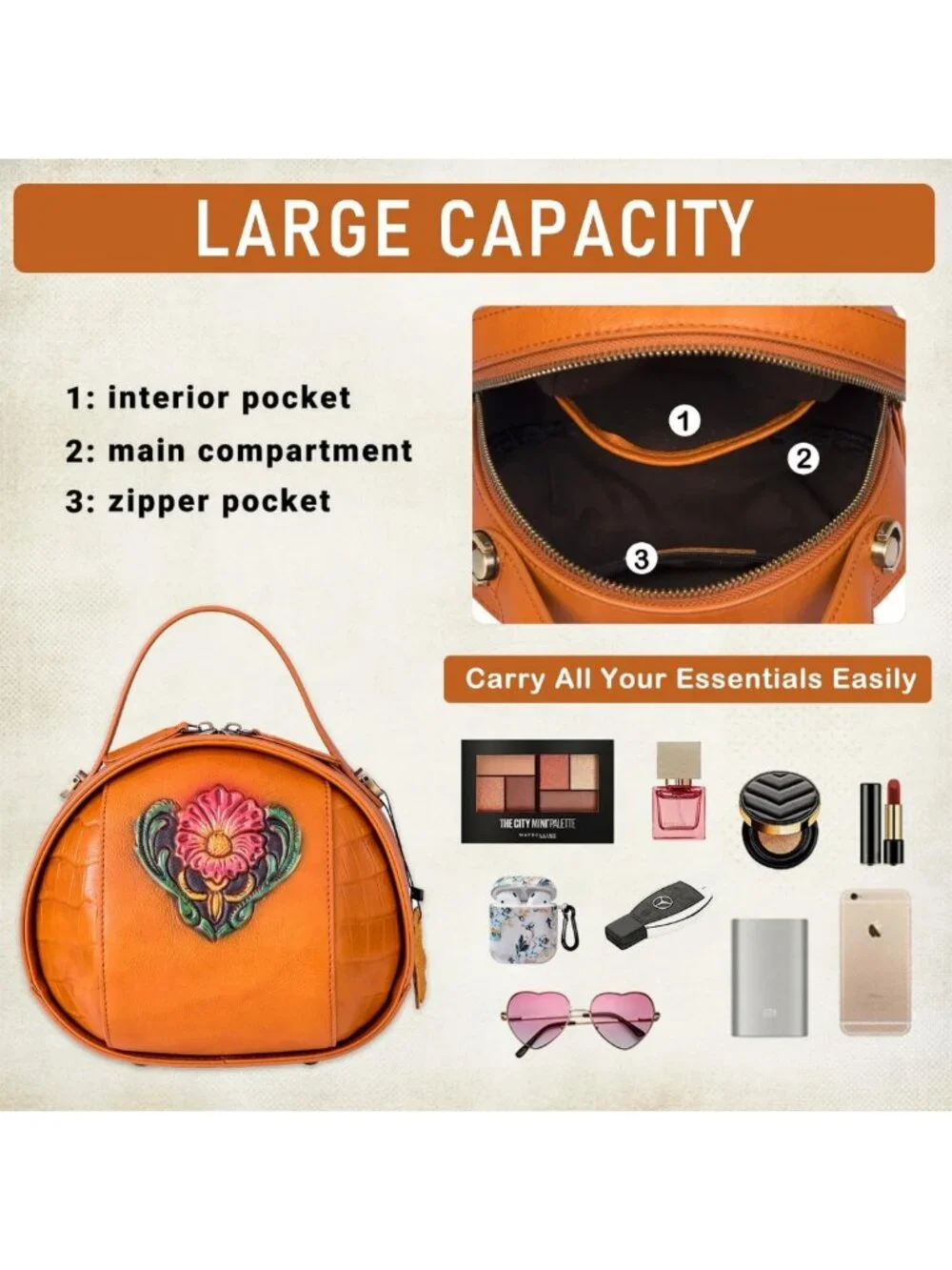 Vintage Leather Crossbody Bag for Women - Embossed Flower Design, Structured
